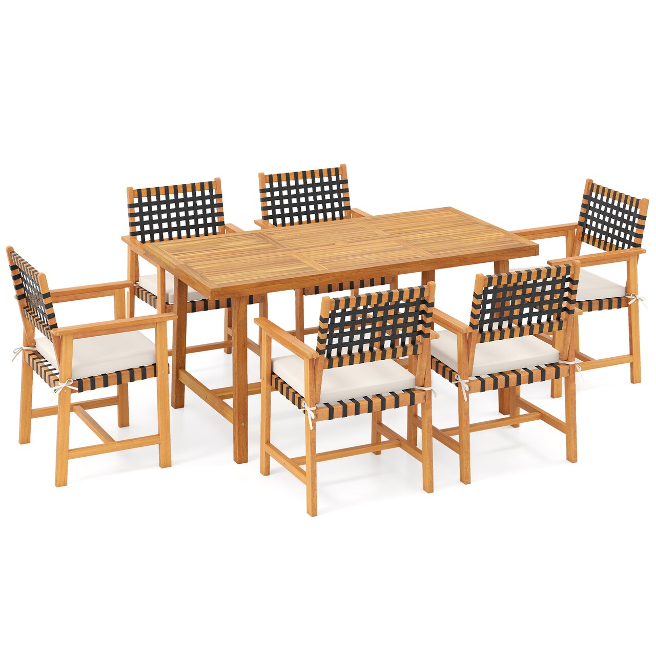 7 Piece Acacia Wood Dining Table Set with Cushioned Armchairs Natural Off White